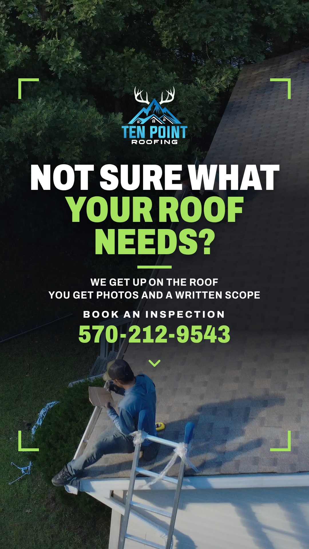 Story 3 of 4: Drone view of the crew at the roof edge. Not sure what your roof needs? We get up on the roof, you get photos and a written scope. Book an inspection 570-212-9543