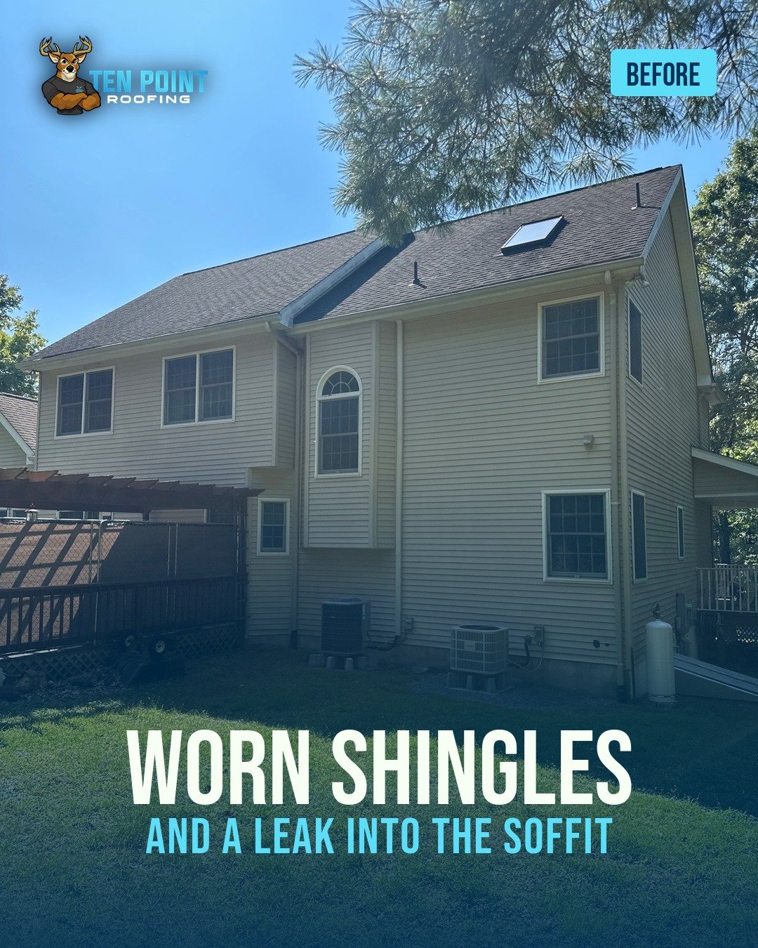Slide 2 of 5: the back of the house with the old roof, Before, worn shingles and a leak into the soffit
