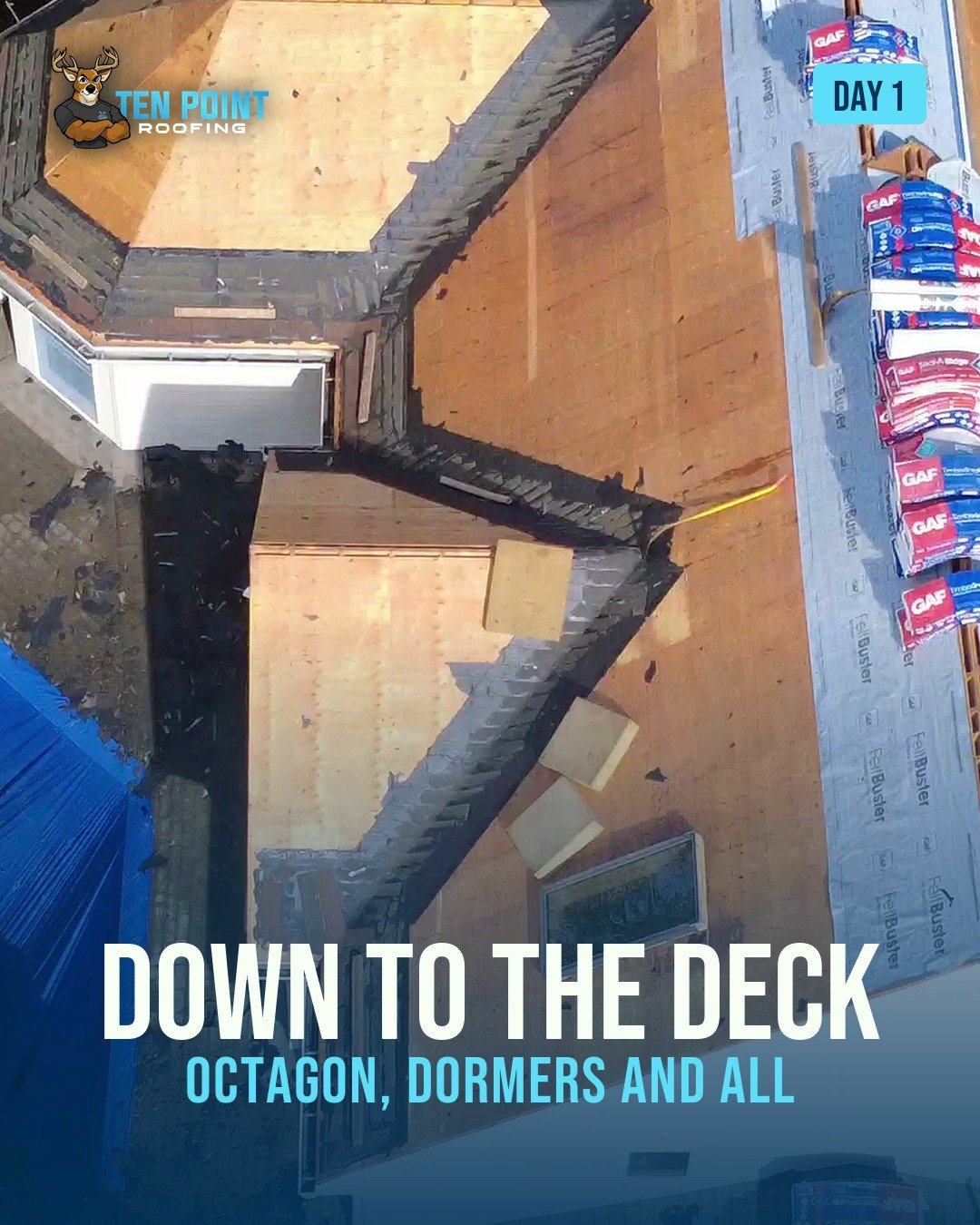 Slide 3 of 5: bare decking on the octagon and dormer, Day 1, down to the deck