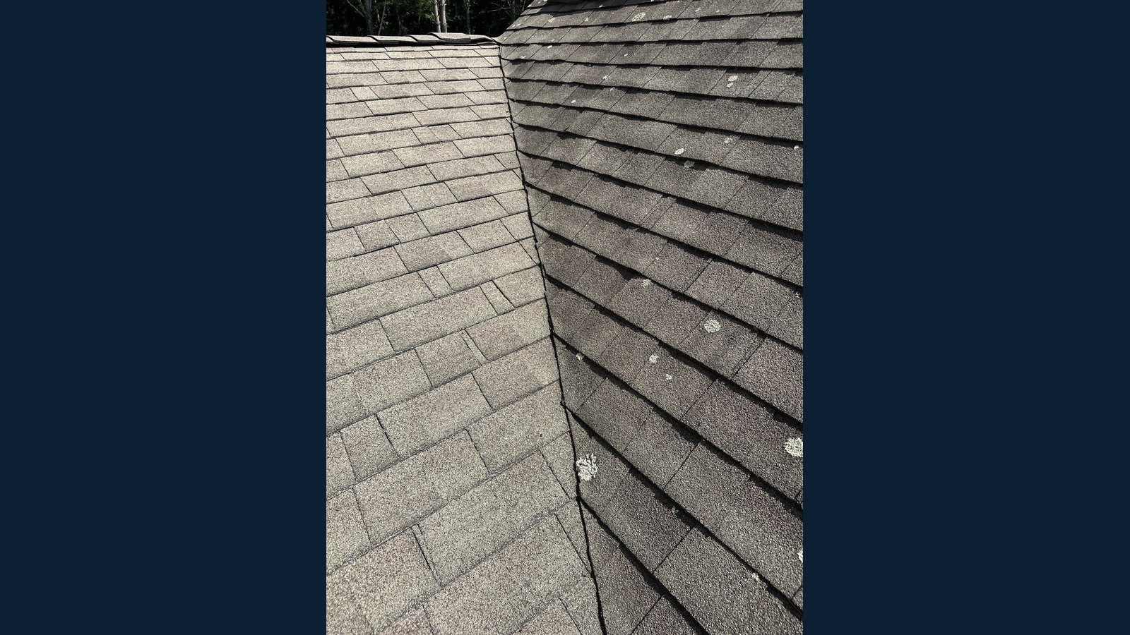 Photo 2 of 10, Before: Worn shingles with lichen along a valley, Sep 16