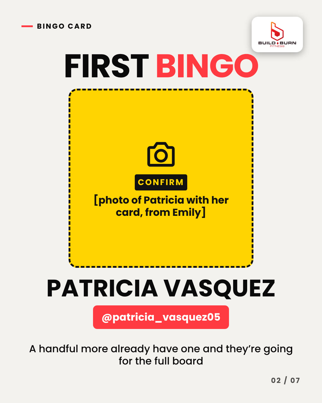 Bingo card: first bingo is in, slide 2 of 7