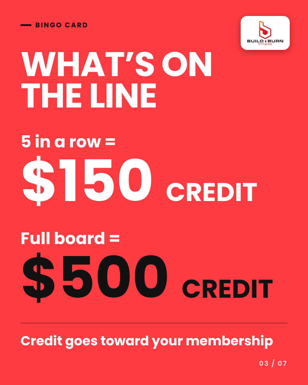 Bingo card: first bingo is in, slide 3 of 7