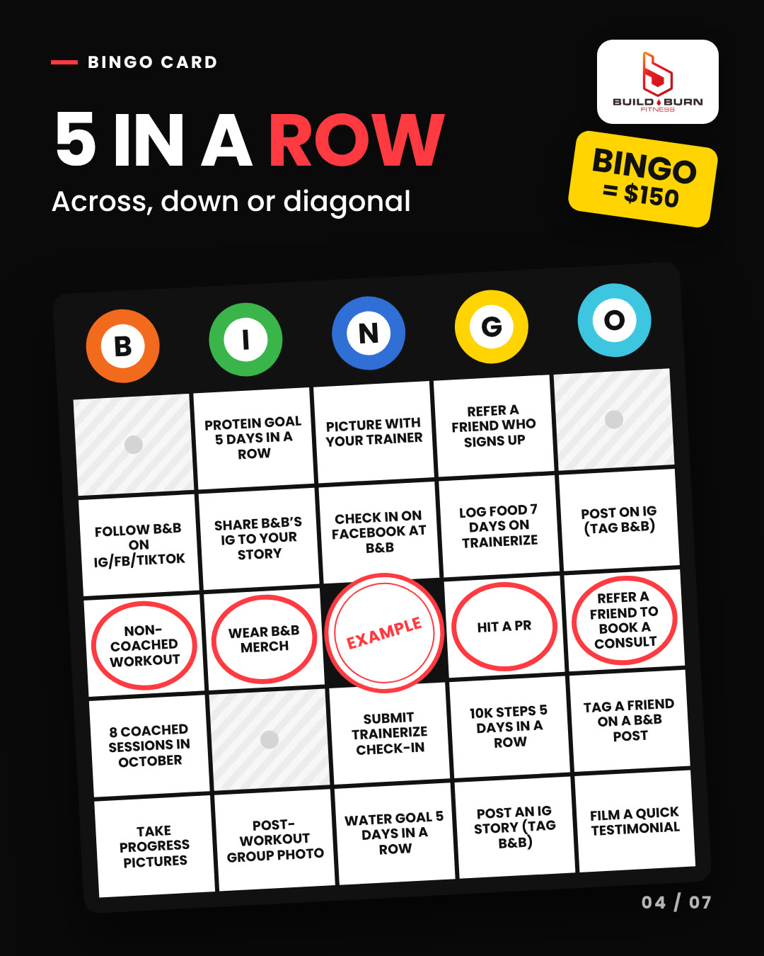 Bingo card: first bingo is in, slide 4 of 7