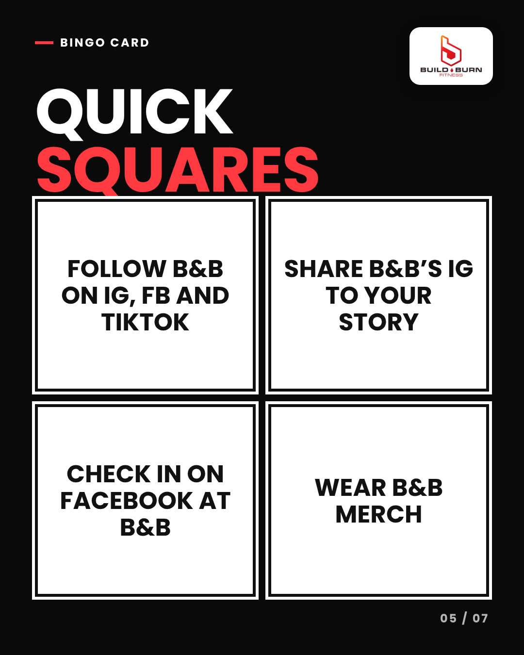 Bingo card: first bingo is in, slide 5 of 7