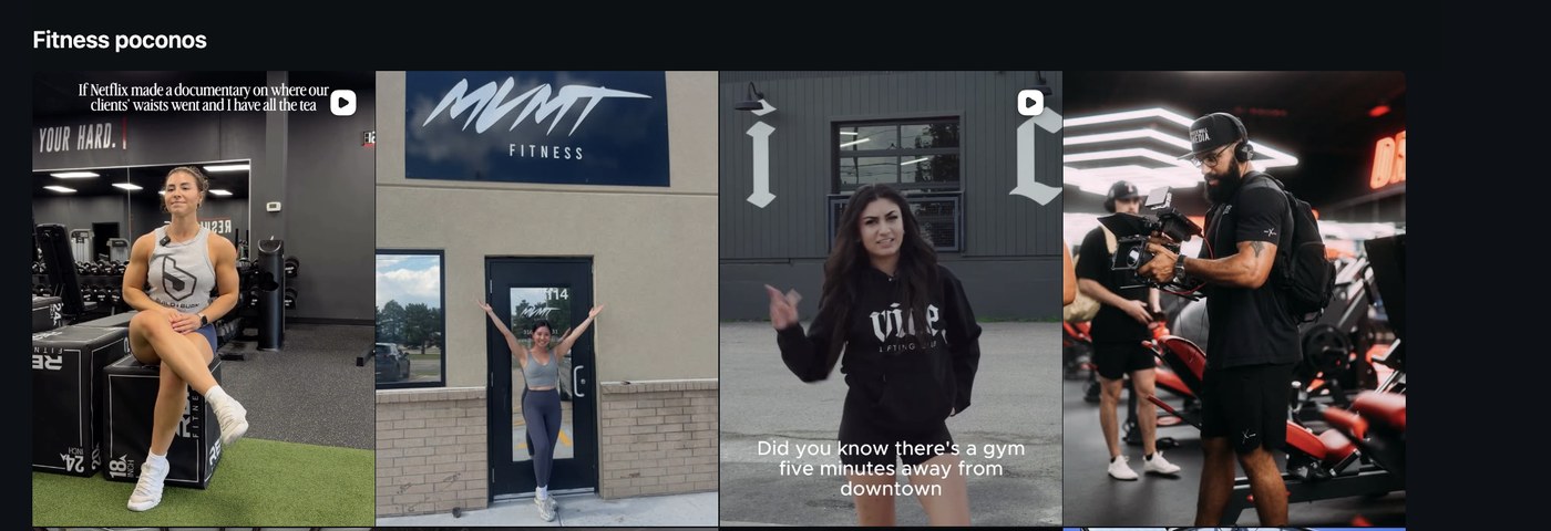 Instagram search results for the term fitness poconos, showing Build and Burn content as the first result