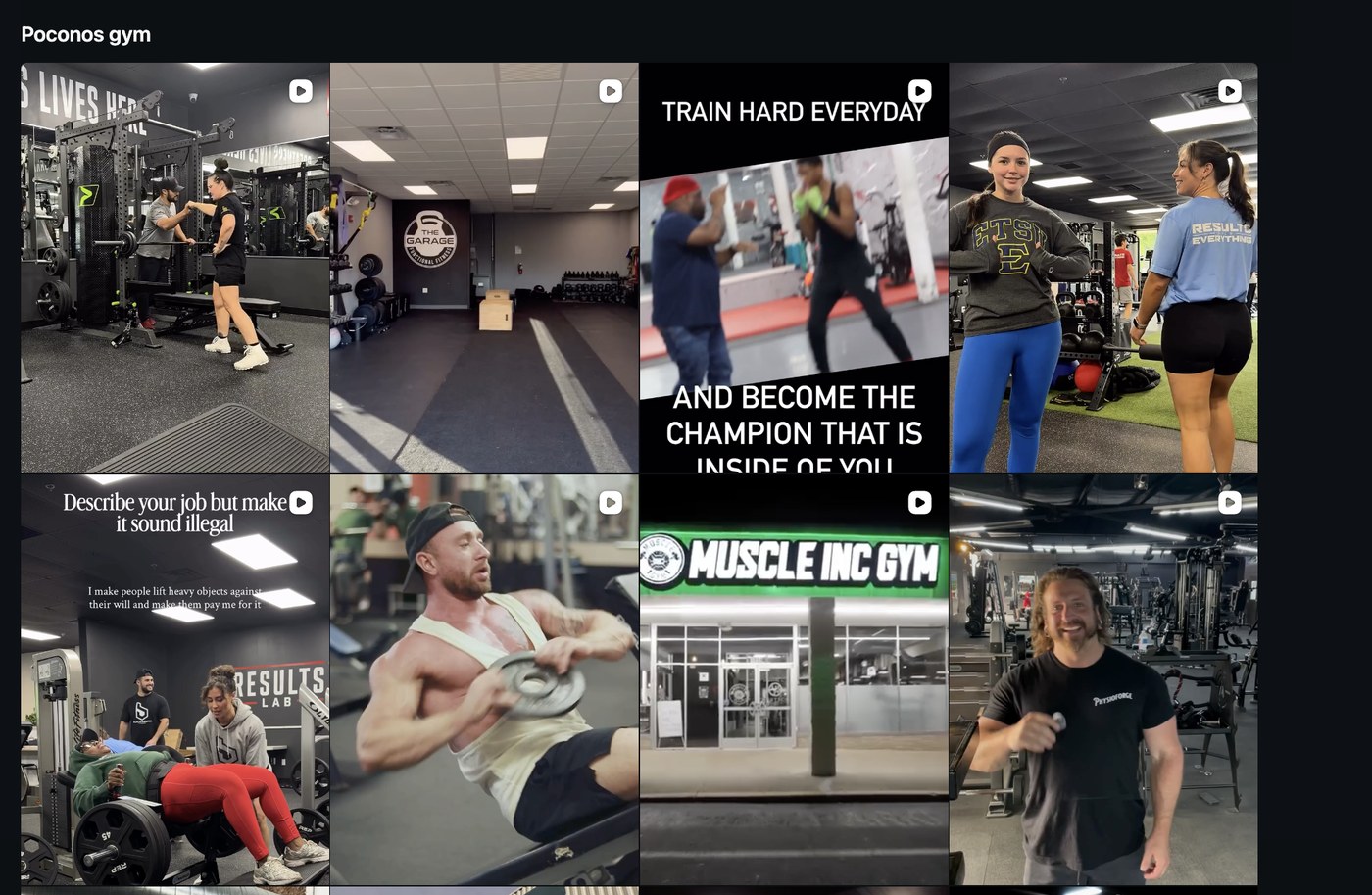Instagram search results for the term poconos gym, showing Build and Burn content among the top results