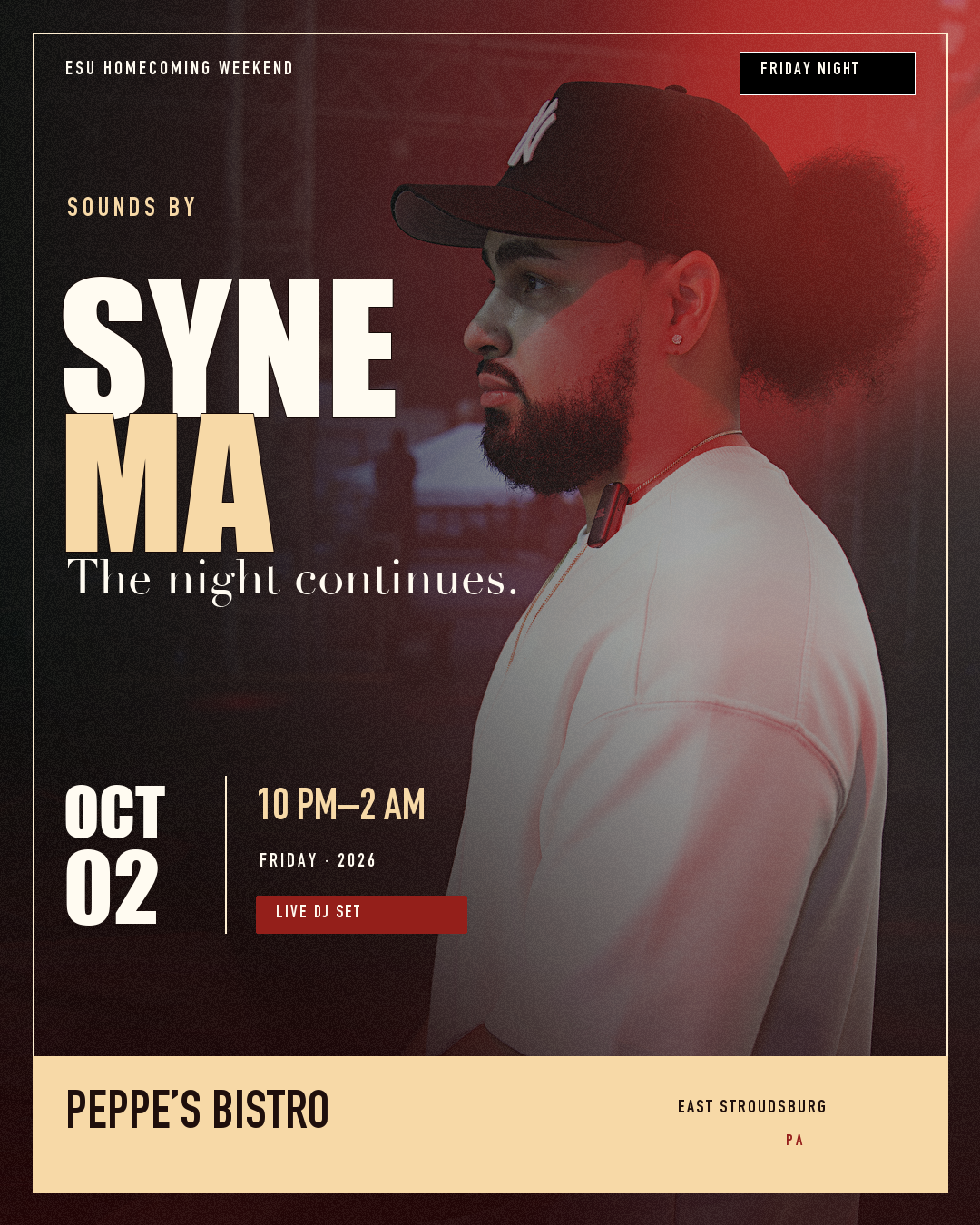 Creative draft poster for SYNEMA at Peppe’s Bistro on Friday, October 2, from 10 PM to 2 AM